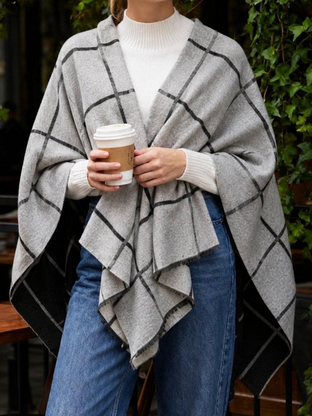 BP. Reversible Houndstooth & Grid Scarf / Poncho